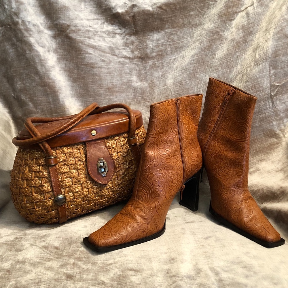 Newport News Carmel Colored Tooled Leather Boots